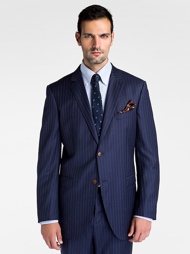  Blue Stripes Tailored Fit Wool / Polyester Suit - Slim Notch Single Breasted Two-buttons / Suits