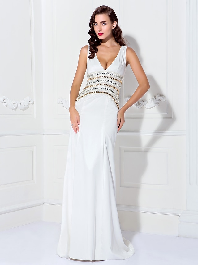  A-Line Sparkle & Shine Dress Holiday Cocktail Party Sweep / Brush Train Sleeveless V Neck Stretch Satin with Beading 2023