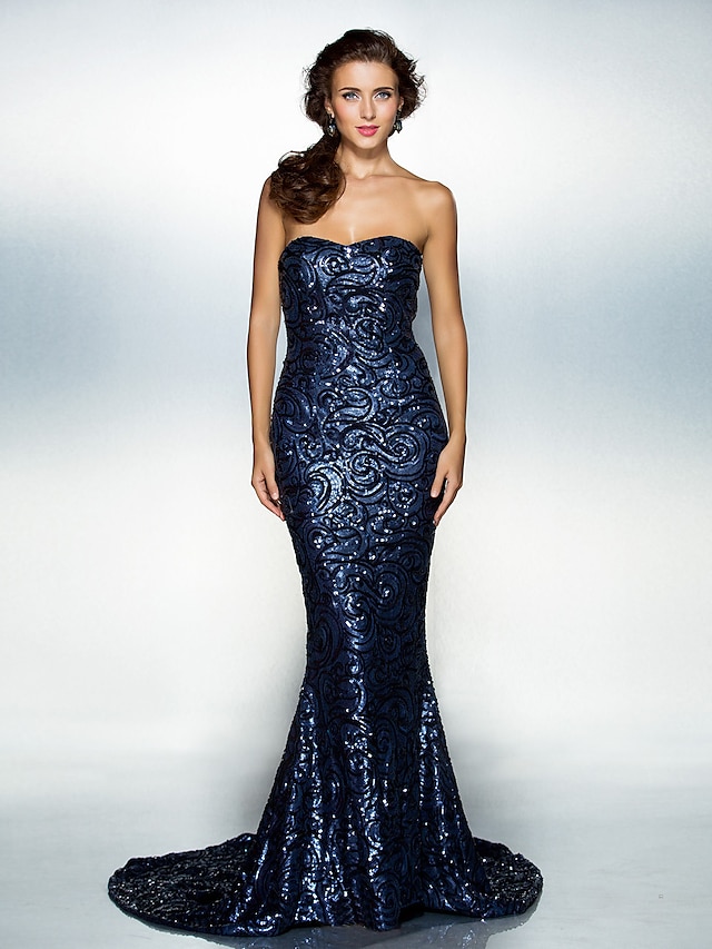  Mermaid / Trumpet Elegant Dress Formal Evening Court Train Sleeveless Sweetheart Sequined with Sequin 2023