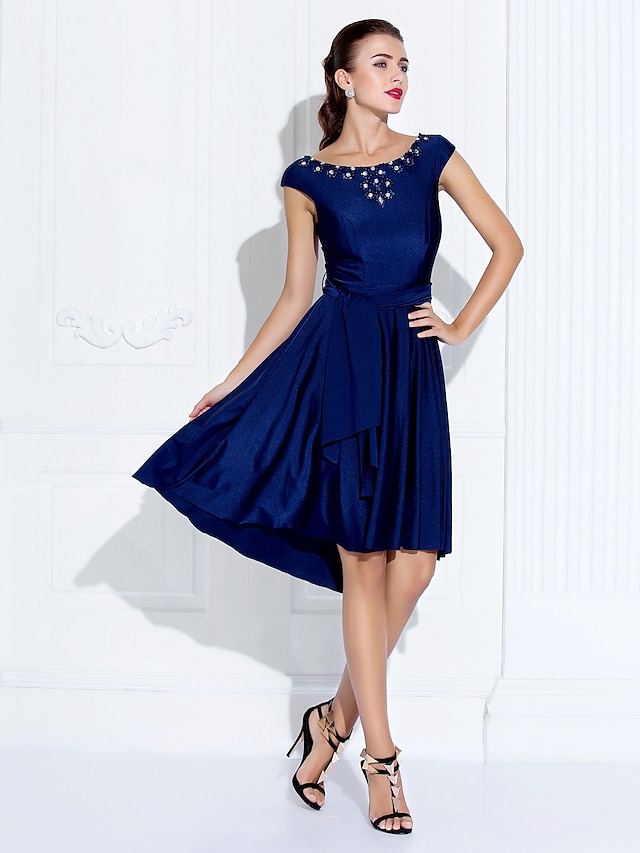  A-Line Cute Holiday Homecoming Cocktail Party Dress Jewel Neck Short Sleeve Asymmetrical Jersey with Sash / Ribbon Crystals Beading