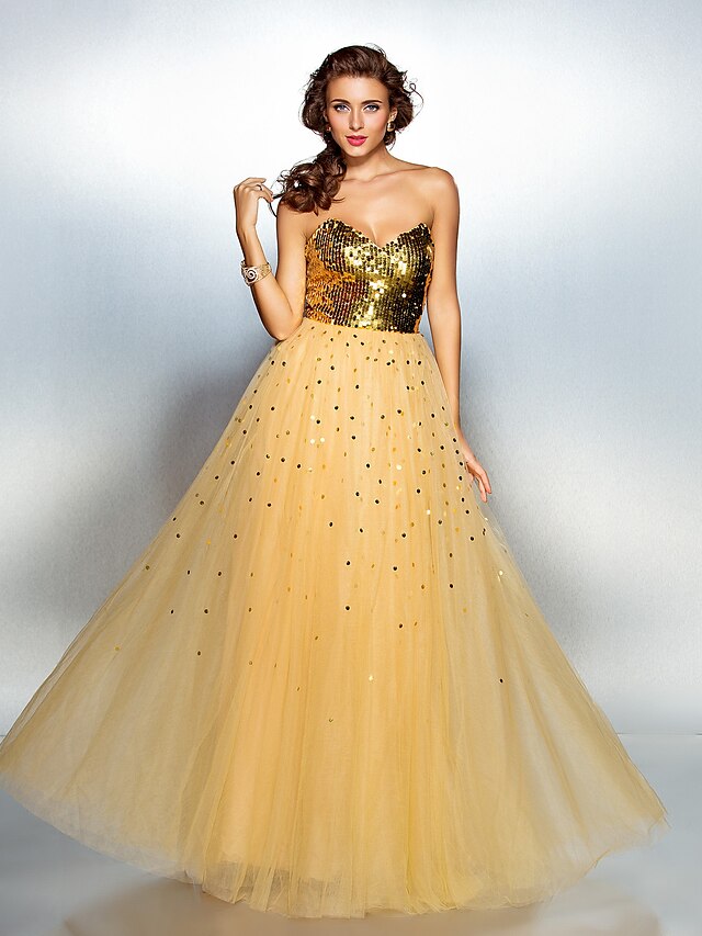  A-Line Sparkle & Shine Dress Prom Formal Evening Floor Length Sleeveless Sweetheart Tulle with Sequin 2023
