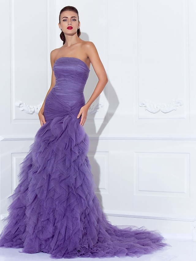  Mermaid / Trumpet Elegant Dress Prom Court Train Sleeveless Strapless Tulle with Criss Cross Ruched Cascading Ruffles 2022 / Formal Evening / Vintage Inspired