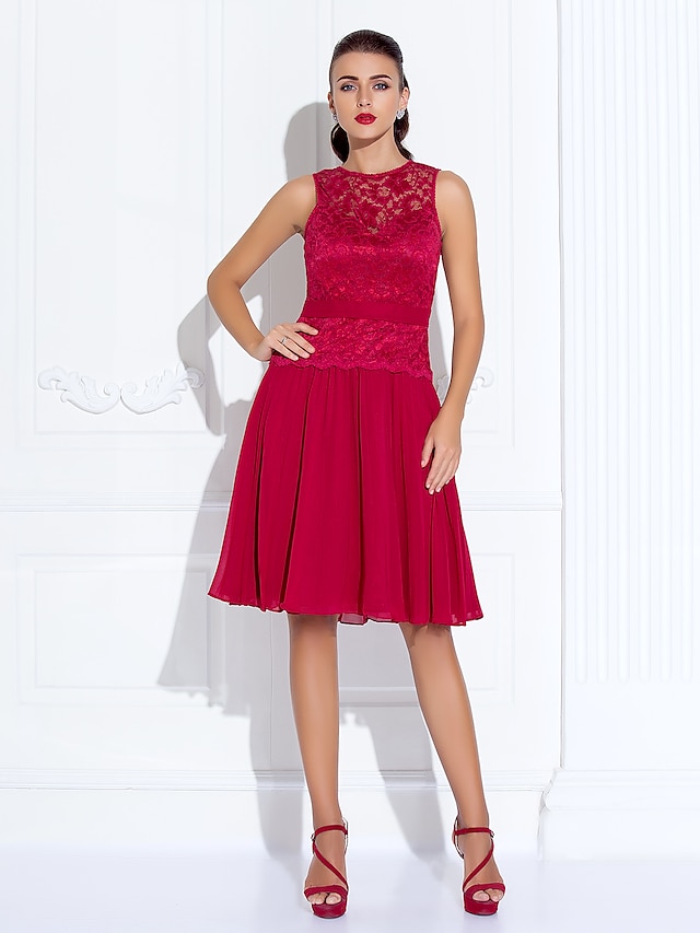  A-Line Fit & Flare Dress Holiday Homecoming Knee Length Sleeveless Illusion Neck Chiffon with Lace Pleats 2024
