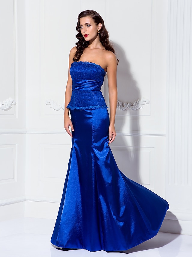  Mermaid / Trumpet Open Back Dress Formal Evening Military Ball Floor Length Sleeveless Strapless Lace with Ruched 2023