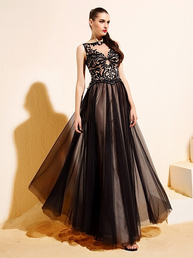  Ball Gown Beautiful Back Sparkle & Shine See Through Prom Formal Evening Black Tie Gala Dress Bateau Neck Sleeveless Floor Length Tulle with Sequin 2020