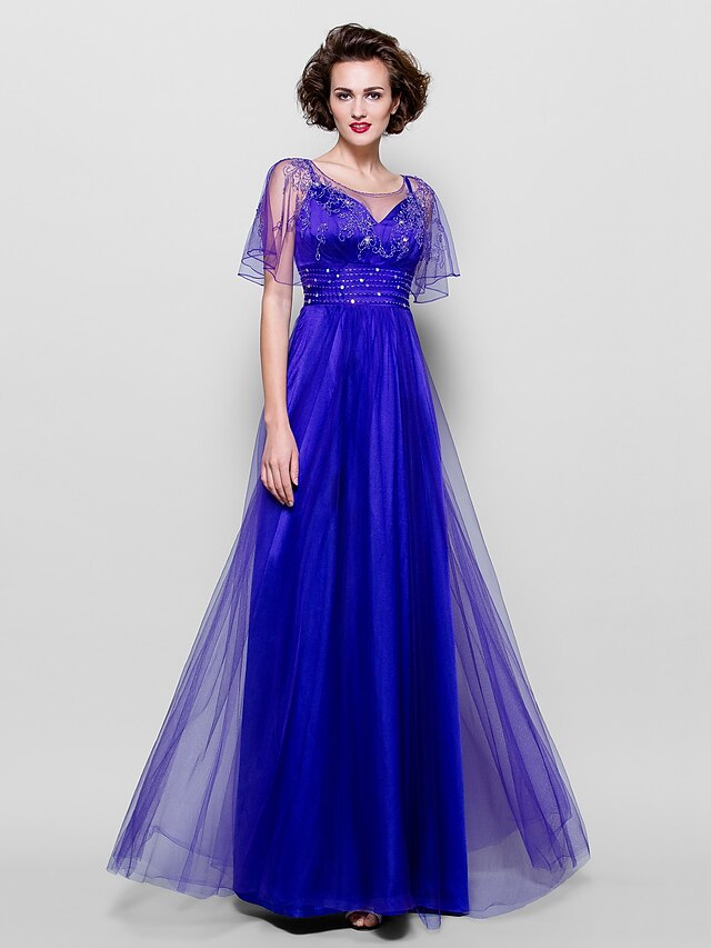  A-Line Mother of the Bride Dress See Through Jewel Neck Floor Length Tulle Short Sleeve with Sash / Ribbon Crystals Beading 2020