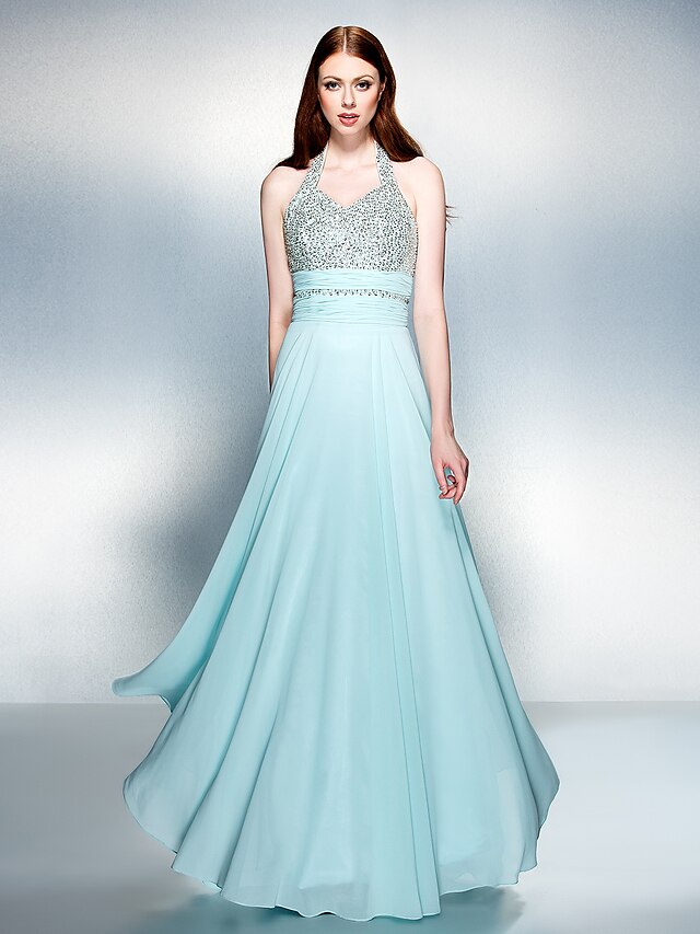  Sheath / Column Halter Neck Floor Length Chiffon Sparkle & Shine Prom Dress with Beading / Ruched by TS Couture®