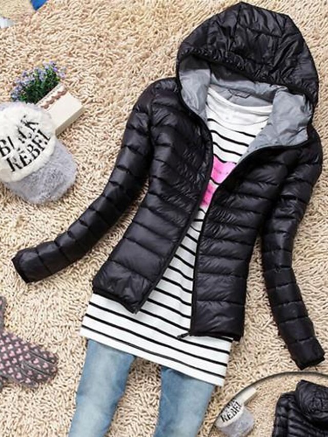  Women's Casual Chic & Modern / Fashion Modern Style Solid Colored Coat, Organic Cotton / Feather Long Sleeve Winter Hooded Black / Red / Green