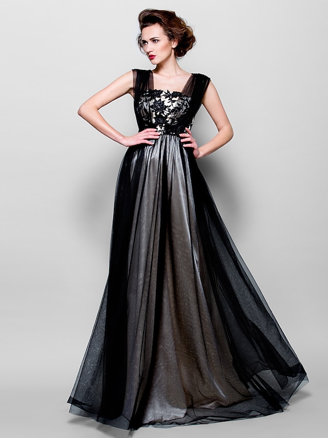  A-Line Square Neck Floor Length Tulle Mother of the Bride Dress with Beading / Appliques by LAN TING BRIDE®