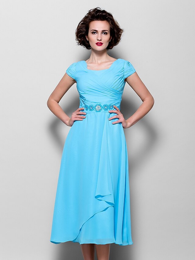  A-Line Mother of the Bride Dress Elegant Jewel Neck Tea Length Chiffon Short Sleeve with Beading Side Draping