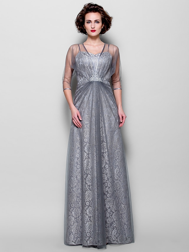  A-Line Mother of the Bride Dress See Through Spaghetti Strap Floor Length Lace Tulle 3/4 Length Sleeve with Beading 2024
