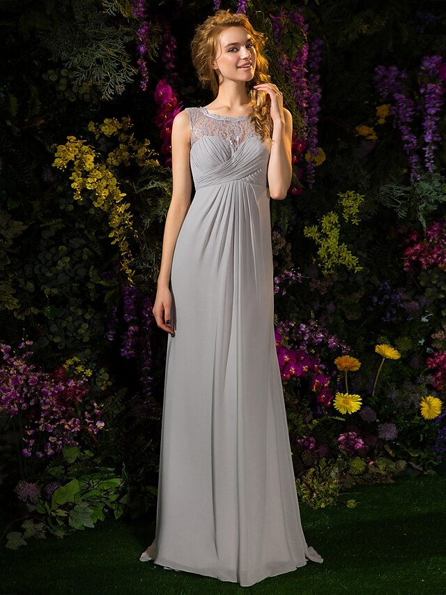  A-Line Jewel Neck Sweep / Brush Train Lace / Georgette Bridesmaid Dress with Lace / Buttons / Criss Cross / See Through