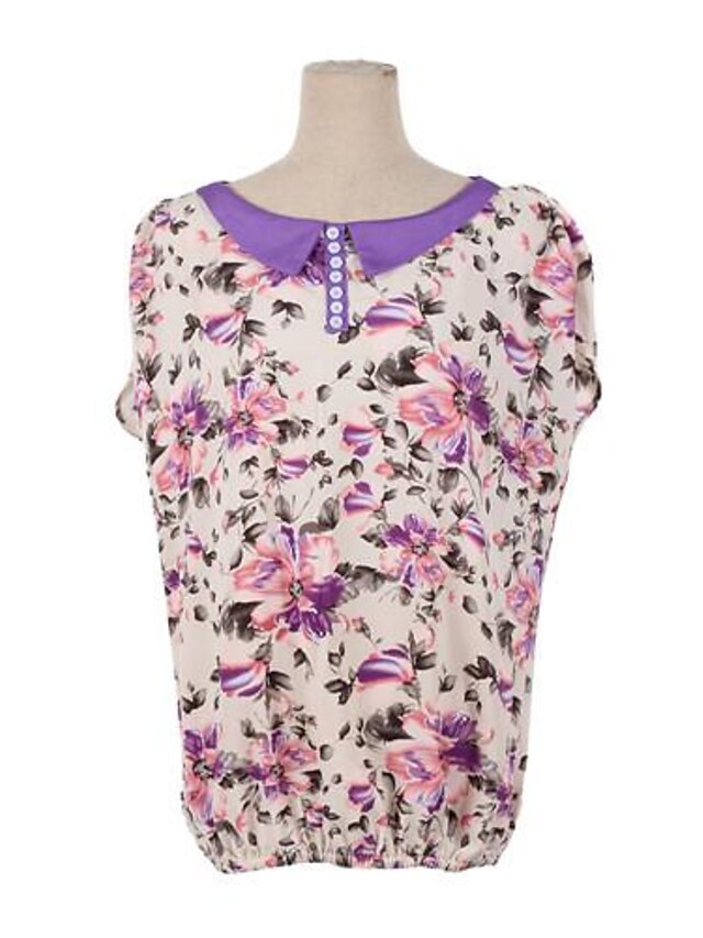  Women's Summer Blouse,Floral Peter Pan Collar Short Sleeve Purple Thin