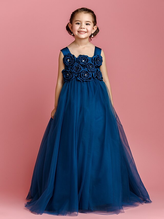  Ball Gown Floor Length Flower Girl Dress - Satin / Tulle Sleeveless Straps with Bow(s) / Crystals / Flower by LAN TING BRIDE® / Spring / Summer / Fall