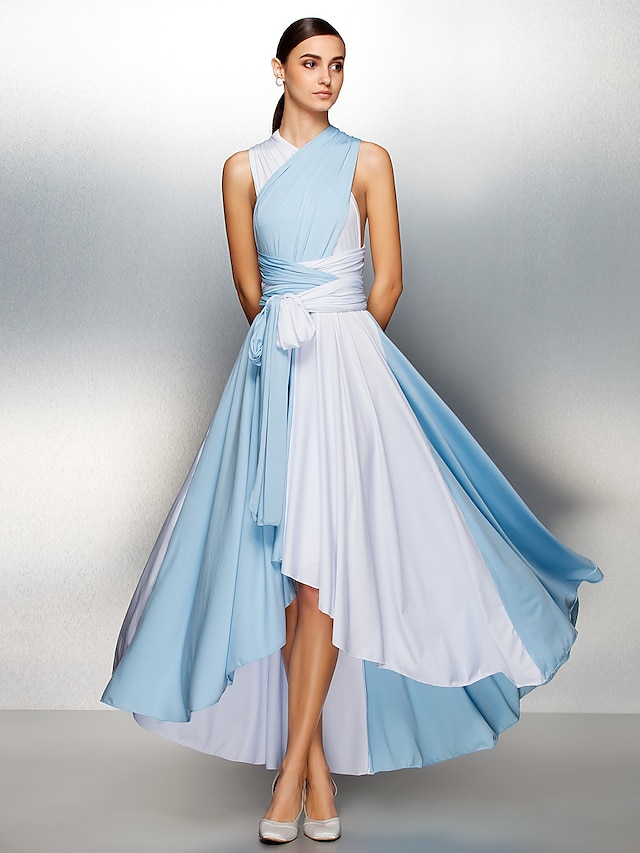  A-Line Color Block Dress Prom Asymmetrical Sleeveless V Neck Jersey with Criss Cross Pleats  / Formal Evening