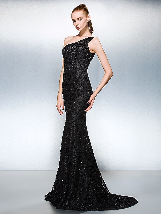 Sheath / Column Sparkle & Shine Dress Holiday Cocktail Party Court Train Sleeveless One Shoulder Lace with Beading 2023