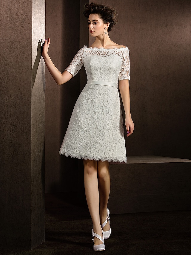  A-Line Wedding Dresses Bateau Neck Knee Length Lace Half Sleeve Formal Casual Little White Dress Illusion Sleeve with Sash / Ribbon 2022