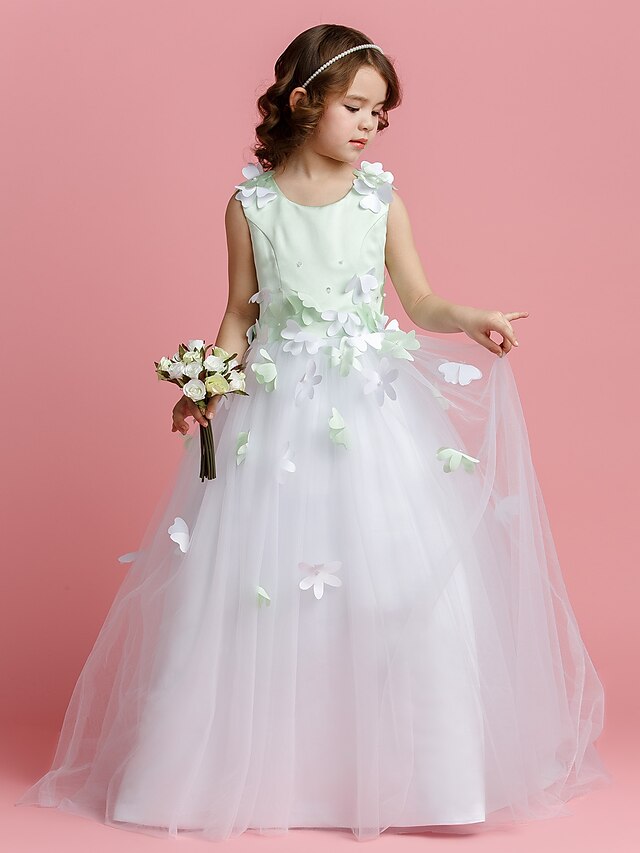  A-Line / Princess Sweep / Brush Train Flower Girl Dress - Satin / Tulle Sleeveless Jewel Neck with Beading / Flower by LAN TING BRIDE®