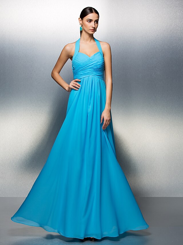  A-Line Halter Neck Floor Length Chiffon Bridesmaid Dress with Sash / Ribbon / Criss Cross / Ruched by LAN TING BRIDE®