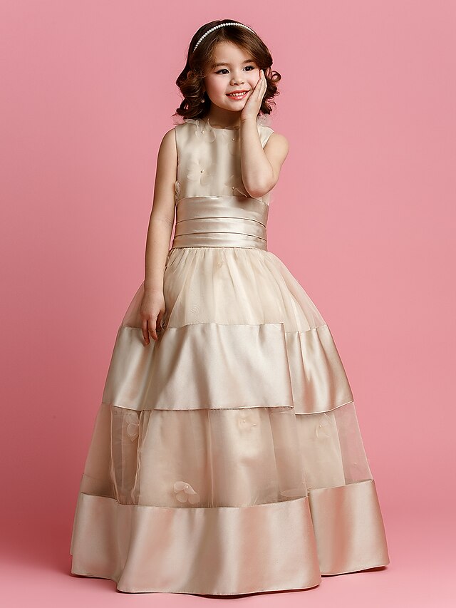  Ball Gown Floor Length Flower Girl Dress - Organza / Satin Sleeveless Jewel Neck with Beading / Sash / Ribbon / Ruched by LAN TING BRIDE® / Spring / Summer / Fall