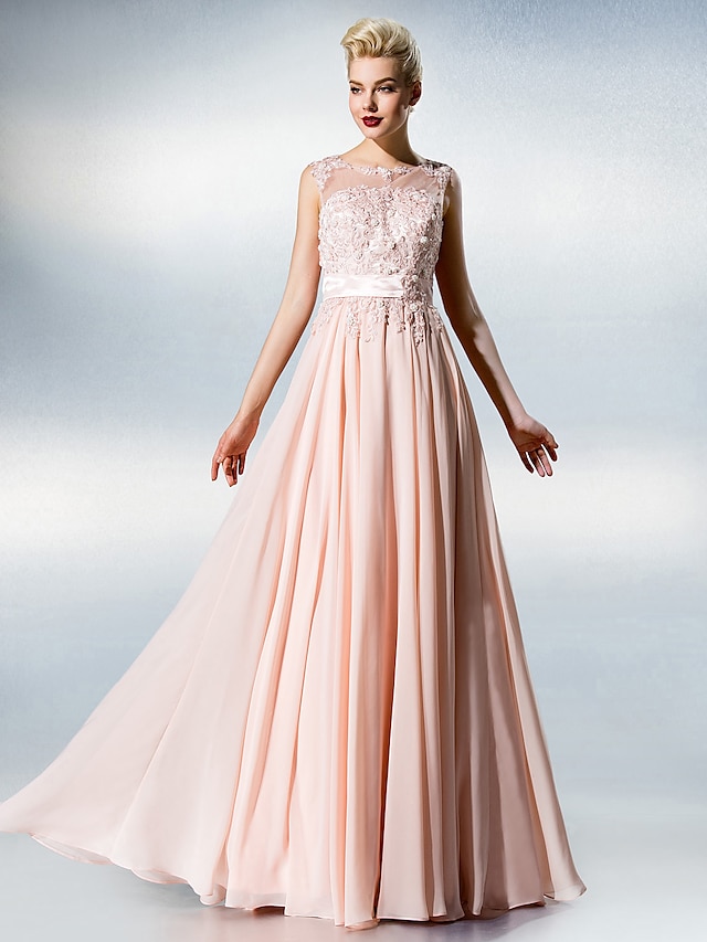  A-Line Dress Prom Formal Evening Floor Length Sleeveless Illusion Neck Chiffon with Lace 2023