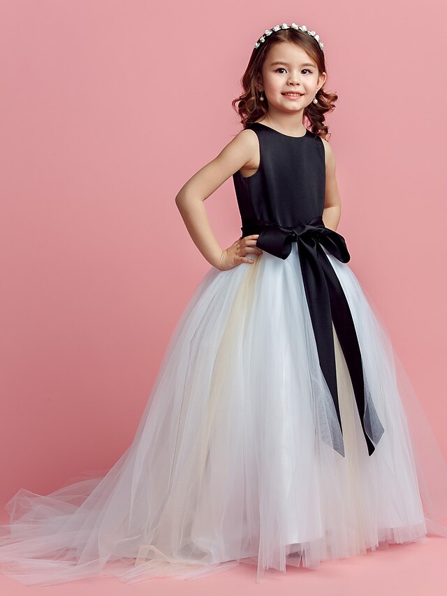  Ball Gown Sweep / Brush Train Flower Girl Dress - Satin / Tulle Sleeveless Jewel Neck with Bow(s) / Sash / Ribbon by LAN TING BRIDE®