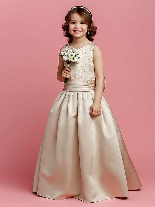  A-Line Floor Length Flower Girl Dress - Satin Sleeveless Jewel Neck with Beading / Bow(s) / Sash / Ribbon by LAN TING BRIDE® / Spring / Summer / Fall