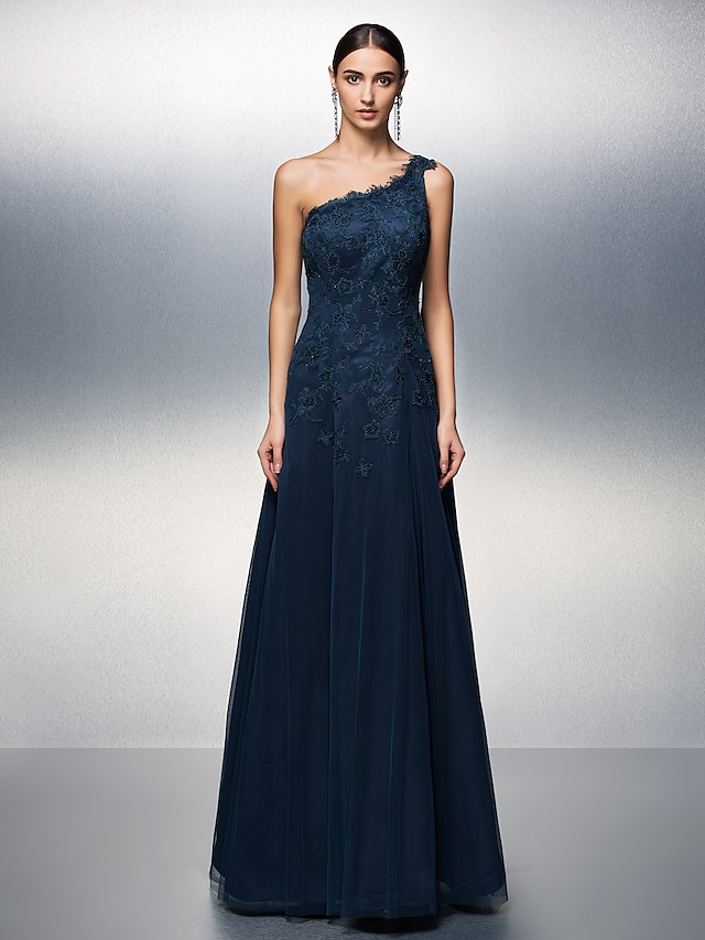  A-Line Elegant Dress Holiday Cocktail Party Floor Length Sleeveless One Shoulder Tulle with Appliques 2023
