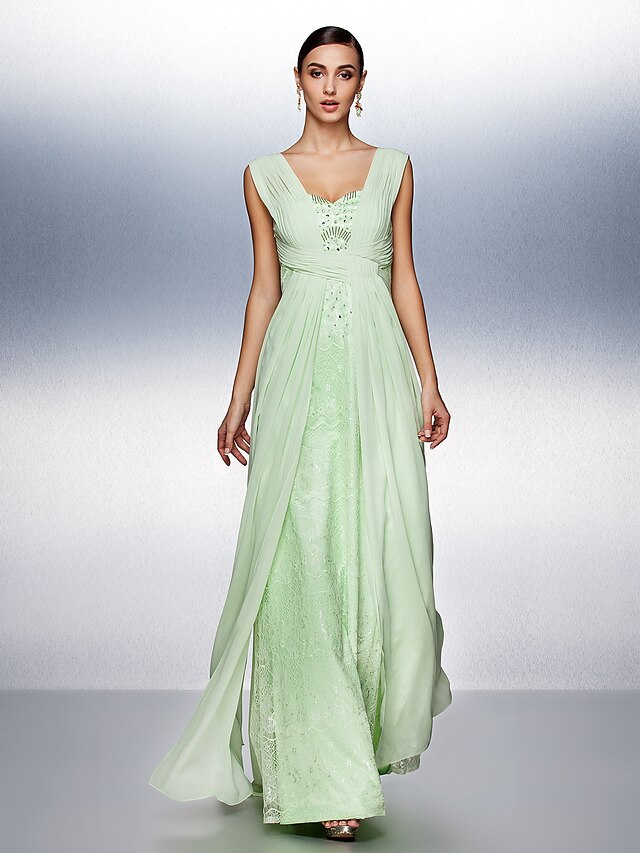  A-Line Straps Floor Length Chiffon / Tulle Dress with Beading / Lace / Side Draping by TS Couture®