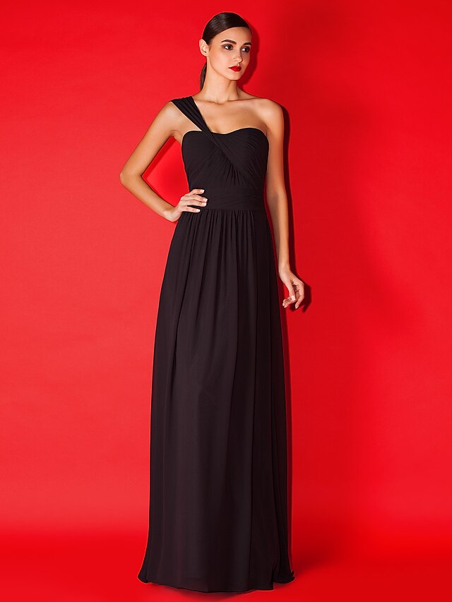  A-Line One Shoulder Floor Length Chiffon Bridesmaid Dress with Criss Cross / Crystal Brooch / Ruched by LAN TING BRIDE®