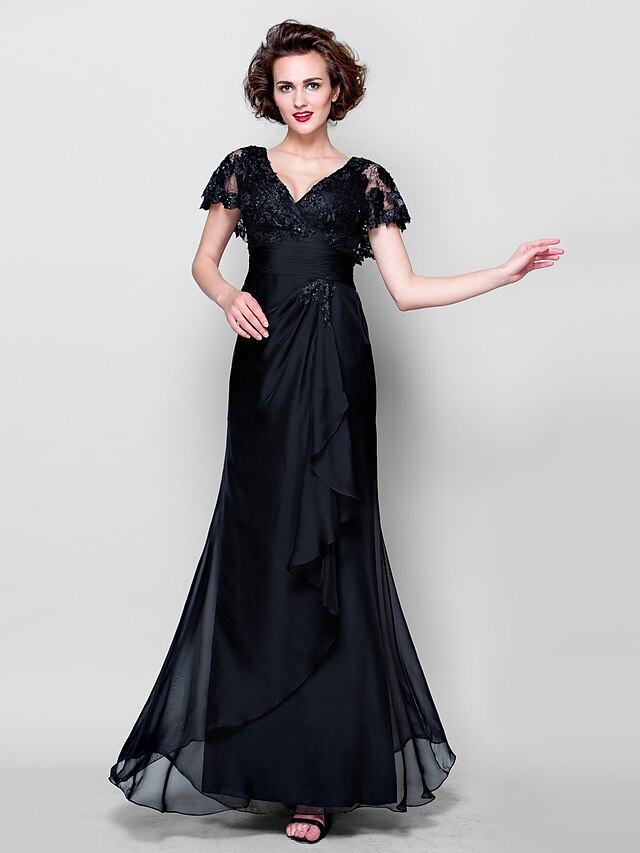  Sheath / Column V Neck Floor Length Lace / Georgette Mother of the Bride Dress with Sequin / Lace / Ruched by LAN TING BRIDE®