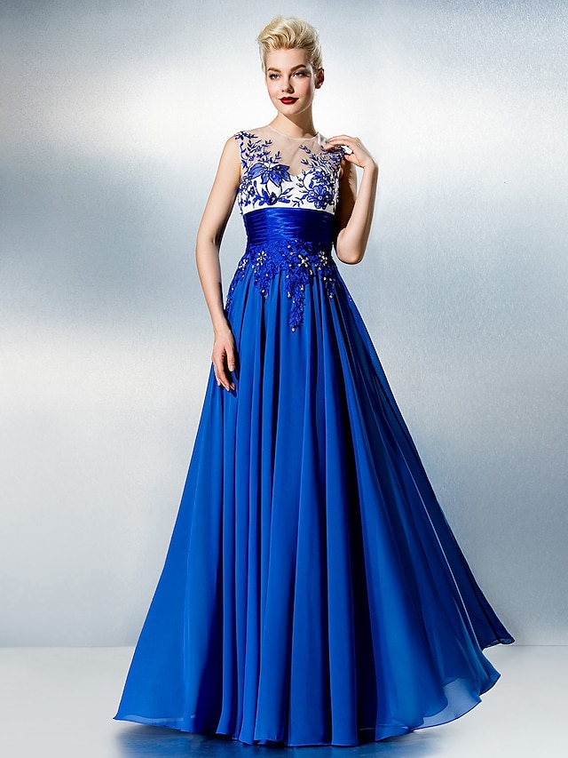 A-Line Illusion Neck Floor Length Chiffon / Lace Prom / Formal Evening ...