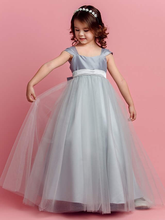  Ball Gown Floor Length Pageant Flower Girl Dresses - Taffeta / Tulle Short Sleeve Square Neck with Sash / Ribbon / Bow(s) / Fall / Spring / Summer