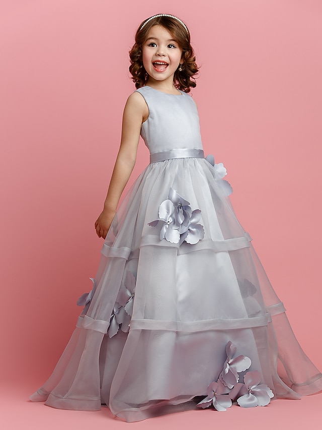 A-Line Floor Length Pageant Flower Girl Dresses - Organza / Satin Sleeveless Jewel Neck with Sash / Ribbon / Buttons / Flower