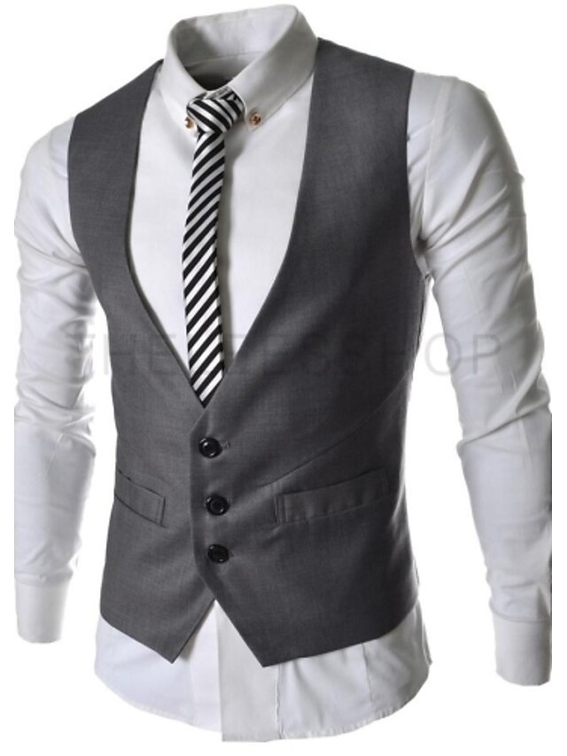  Men's Work Spring / Fall Regular Vest, Solid Colored V Neck Sleeveless Cotton / Polyester White / Black / Beige