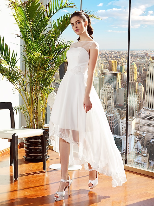  A-Line Wedding Dresses Asymmetrical Chiffon Cap Sleeve Casual Backless with Sash / Ribbon Flower 2021