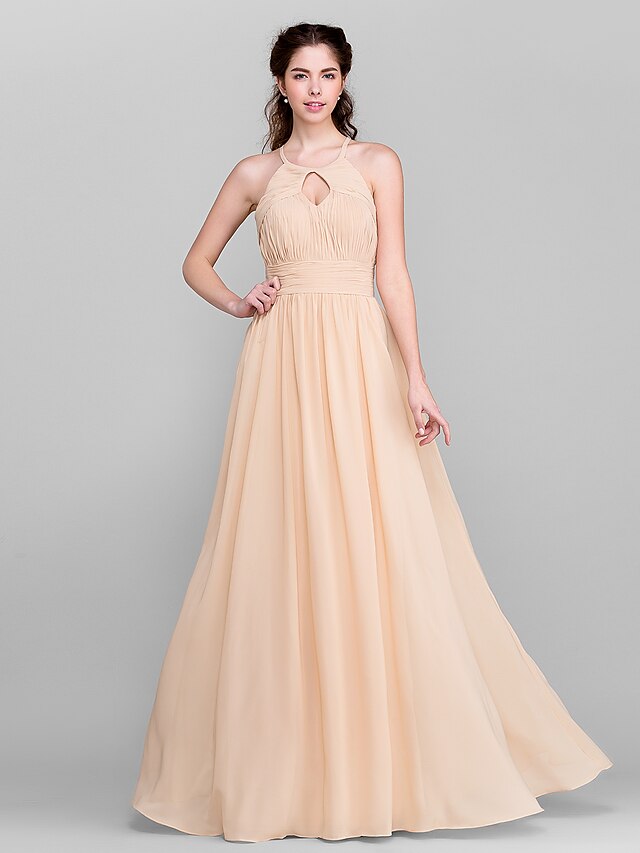  A-Line Bridesmaid Dress Jewel Neck Sleeveless Elegant Floor Length Chiffon with Sash / Ribbon / Ruched / Draping