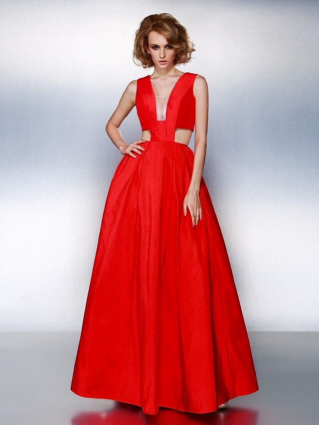  A-Line Prom Formal Evening Dress Plunging Neck Sleeveless Floor Length Taffeta with Sash / Ribbon Pleats 2021