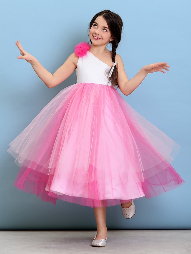  Ball Gown Tea Length One Shoulder Tulle Junior Bridesmaid Dresses&Gowns With Flower Kids Wedding Guest Dress 4-16 Year