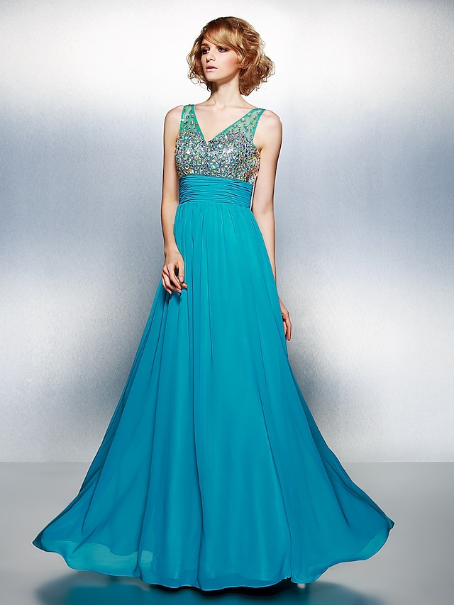  A-Line Sparkle & Shine Dress Prom Floor Length Sleeveless V Neck Chiffon with Ruched Crystals Beading 2023