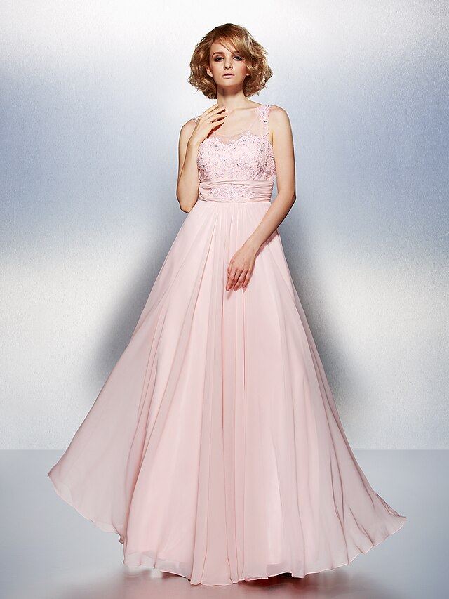  A-Line Illusion Neck Floor Length Chiffon Open Back Prom Dress with Beading / Appliques / Ruched by TS Couture® / Illusion Sleeve