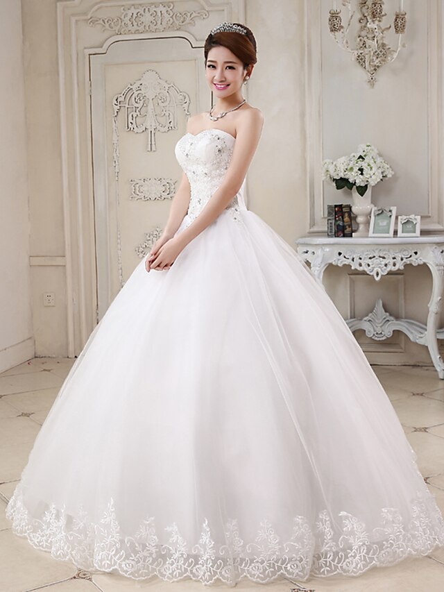  Ball Gown Sweetheart Neckline Floor Length Tulle Made-To-Measure Wedding Dresses with Beading / Appliques by