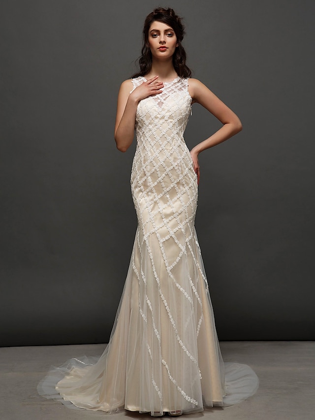  שמלות חתונה שובל קורט בתולת ים \ חצוצרה ללא שרוולים עם תכשיטים טול עם תחרה 2023 סתיו שמלות כלה