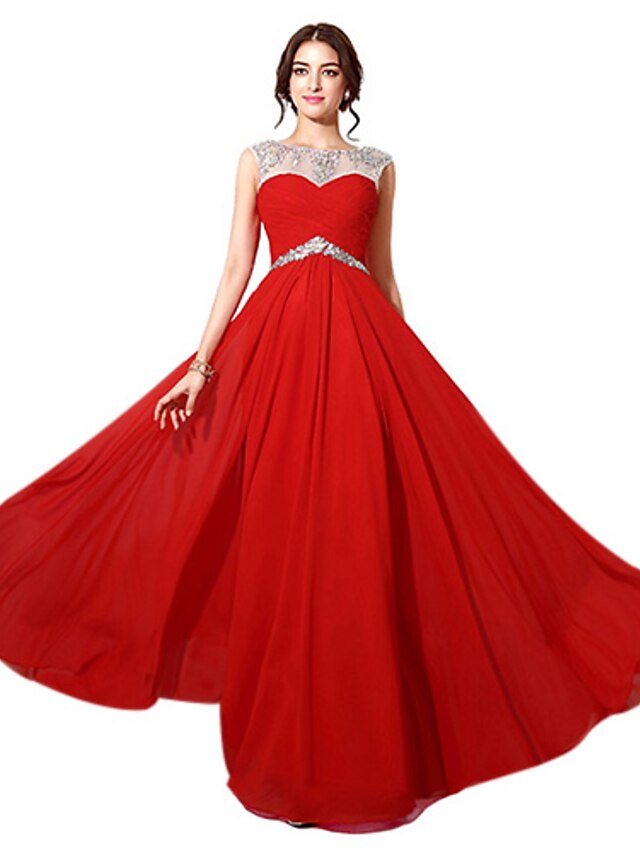  A-Line Formal Evening Dress Bateau Neck Floor Length Chiffon with Beading 2020