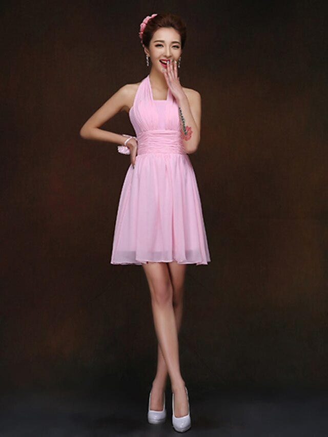  Sheath / Column Halter Short / Mini Chiffon Bridesmaid Dress with Ruched by LAN TING BRIDE®