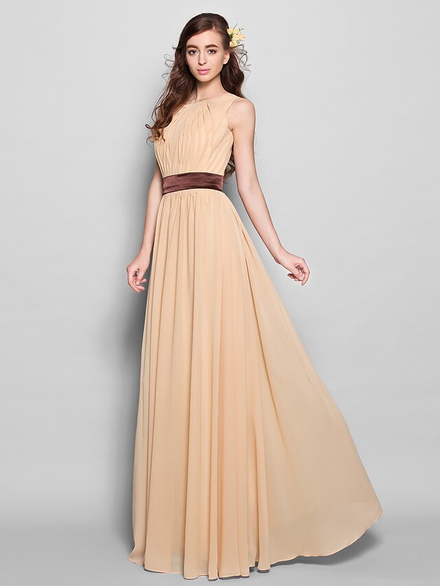  A-Line Jewel Neck Floor Length Chiffon Bridesmaid Dress with Draping / Sash / Ribbon by LAN TING BRIDE®