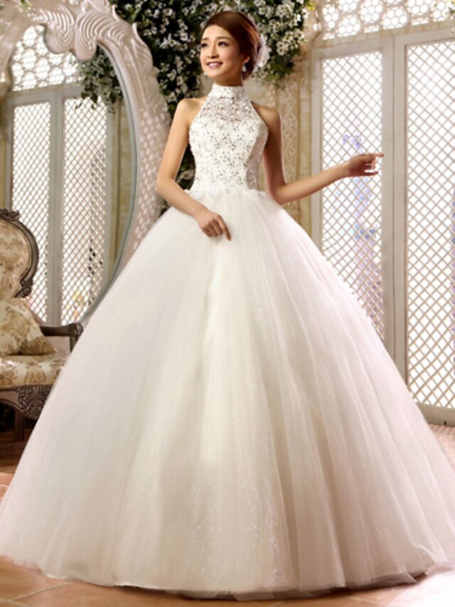  Ball Gown Wedding Dress Floor-length High Neck Lace / Tulle with