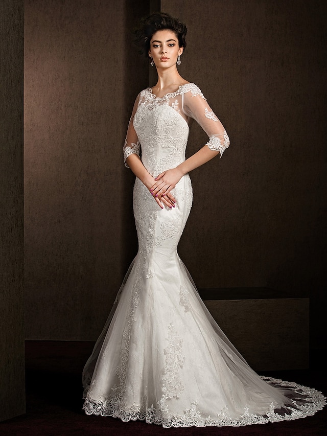  Mermaid / Trumpet Wedding Dresses Scoop Neck Court Train Lace 3/4 Length Sleeve See-Through with Appliques 2021