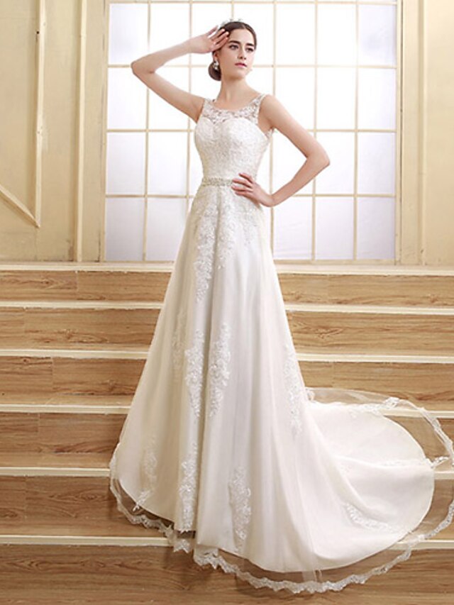  A-Line Jewel Neck Court Train Satin / Tulle Made-To-Measure Wedding Dresses with Beading / Appliques by