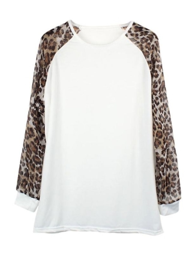  Women's Blouse Leopard Cheetah Print Round Neck White Long Sleeve Plus Size Daily Tops
